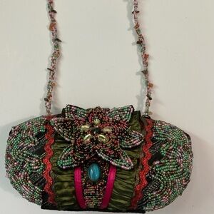 Pritzi Purse Bag Multi Colored Flower Hand Beaded Cloth Ruffled Blue Oval Stone